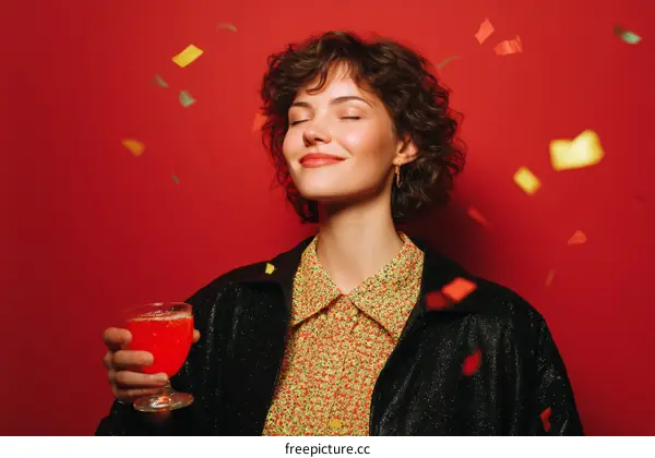 Woman Celebrating with a Cocktail in Front of a Red Background