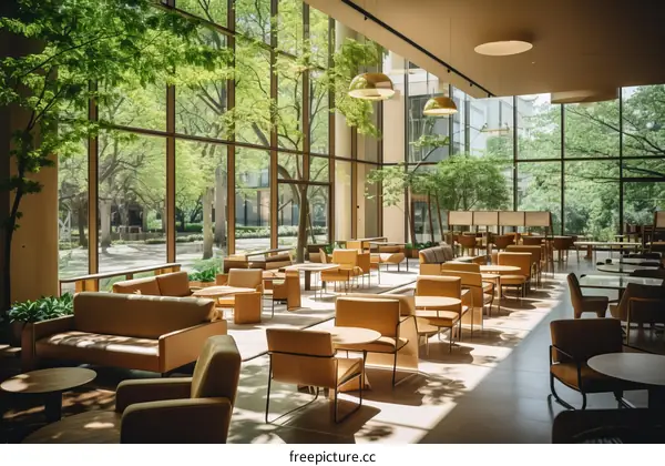 Modern office interior with large windows and green trees outside