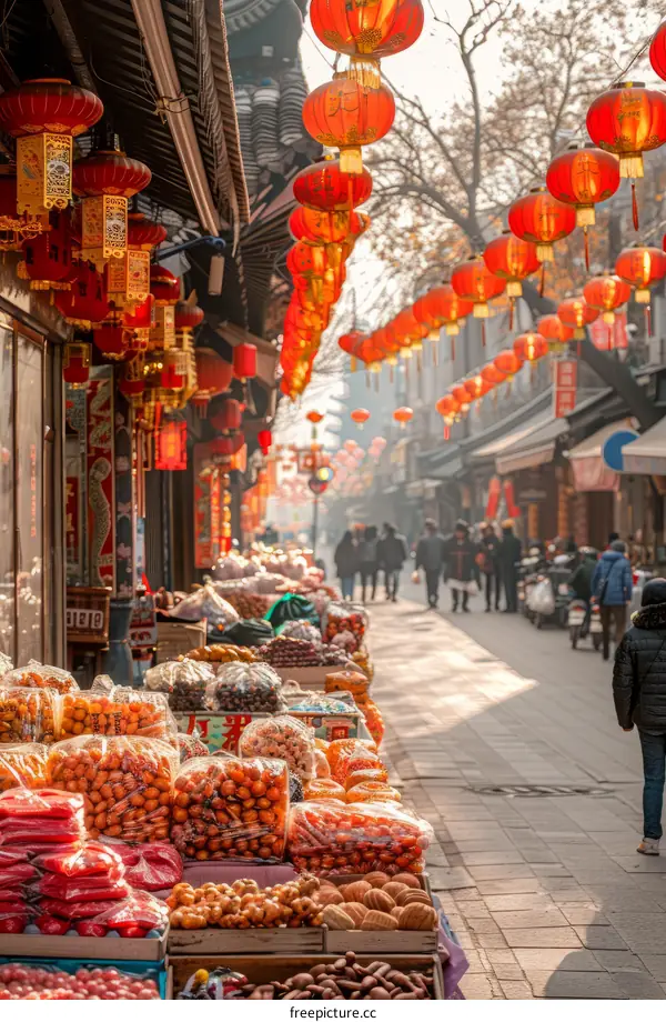 Crowded street market with people shopping at food stalls