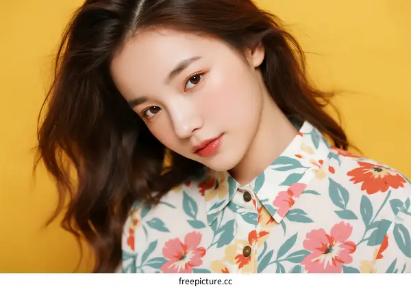 Young Asian Woman in Floral Shirt Against Yellow Background