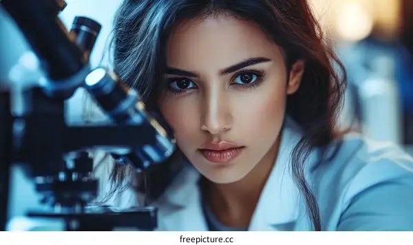 Close-up of a Woman Scientist at a Microscope