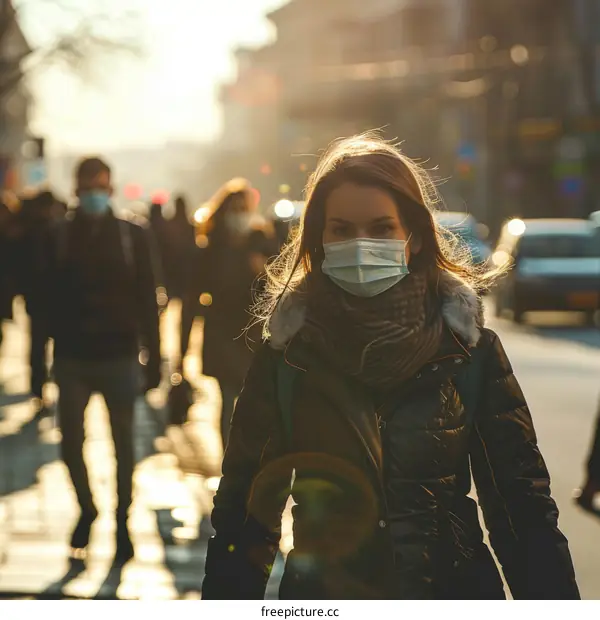 A woman wearing a mask walks down a crowded street