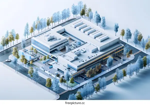 Modern factory exterior surrounded by trees