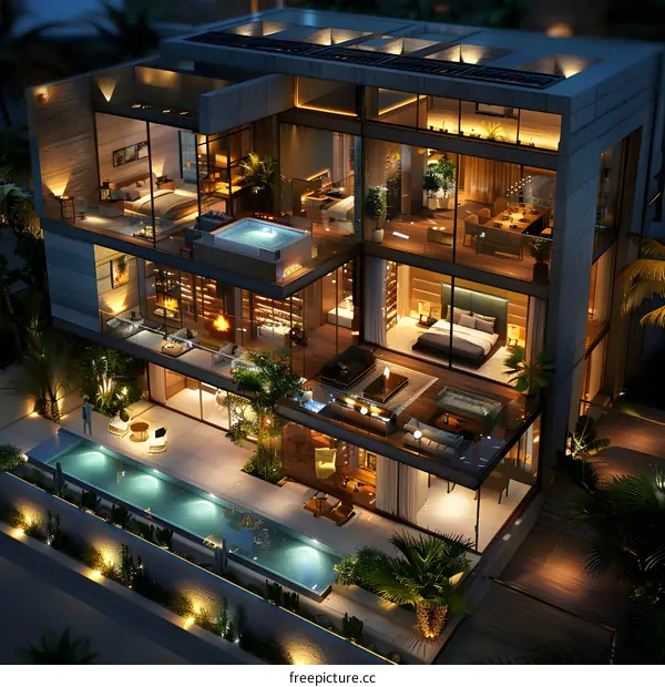 A modern luxury house with a pool and a hot tub