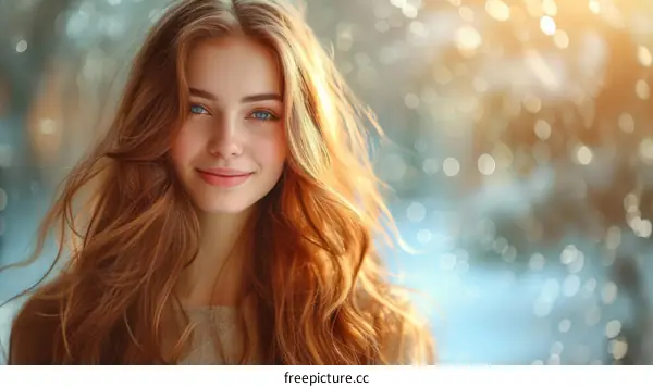Portrait of a beautiful young woman with long red hair and blue eyes smiling at the camera
