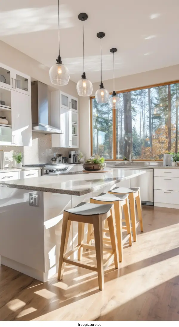 Luxurious Kitchen with Breathtaking Forest View and Ample Lighting