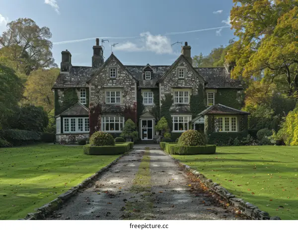 Large English Countryside Stone House with Long Driveway and Expansive Front Lawn