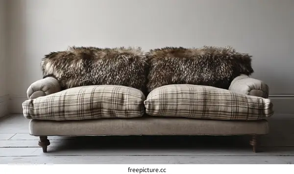 Vintage Sofa with Fur and Plaid Upholstery