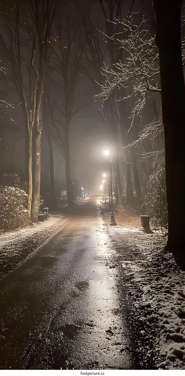 Snowy Night Path Illuminated By Street Lights