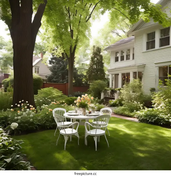 A beautiful backyard with a table and chairs under a tree