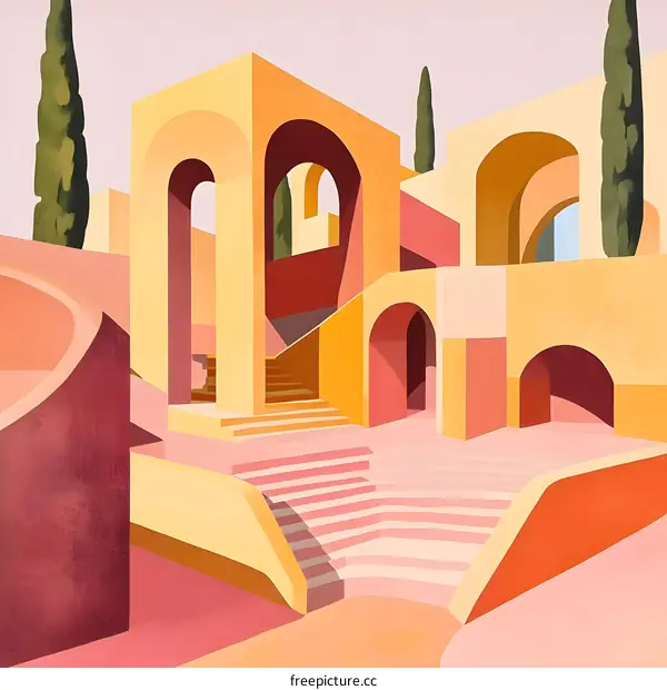 Abstract Architectural Illustration of a Modern Building with Arches and Stairs