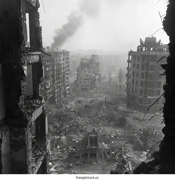 Post-apocalyptic city in ruins after a nuclear war