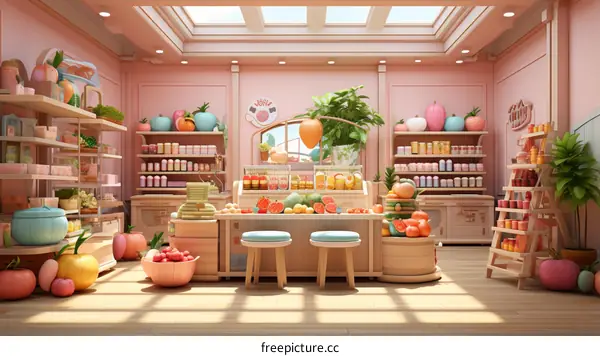 A small grocery store with pink walls and shelves stocked with fruits and vegetables.