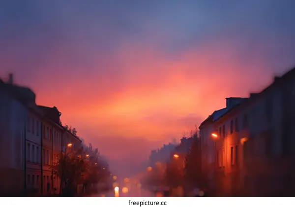 Colorful Sunrise over City Street at Dawn