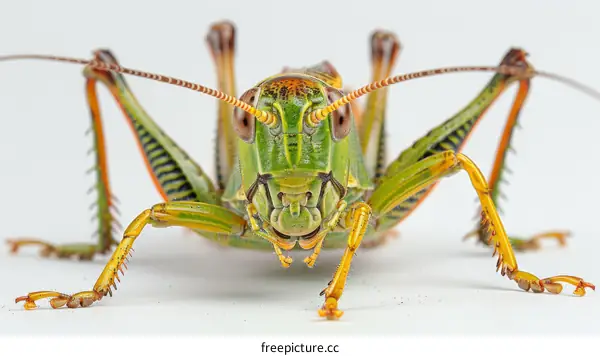 A green and brown katydid on a white background