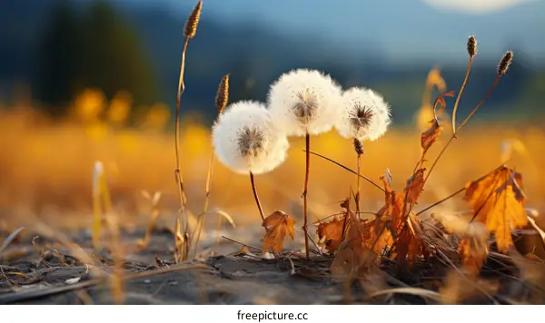 White Dandelions in a Field of Dried Grass and Autumn Leaves