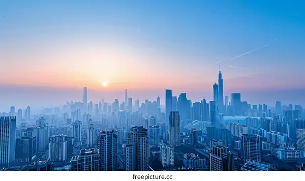 A cityscape of a modern city with skyscrapers and a blue sky
