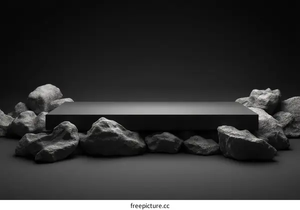 Black Product Display Stand Surrounded by Rocks