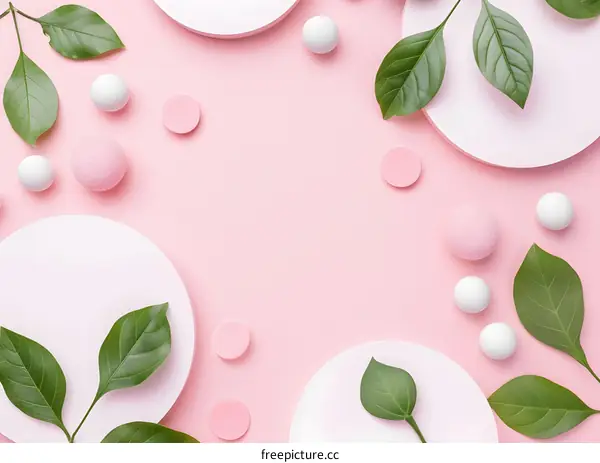 Pink Background with Green Leaves and White Balls