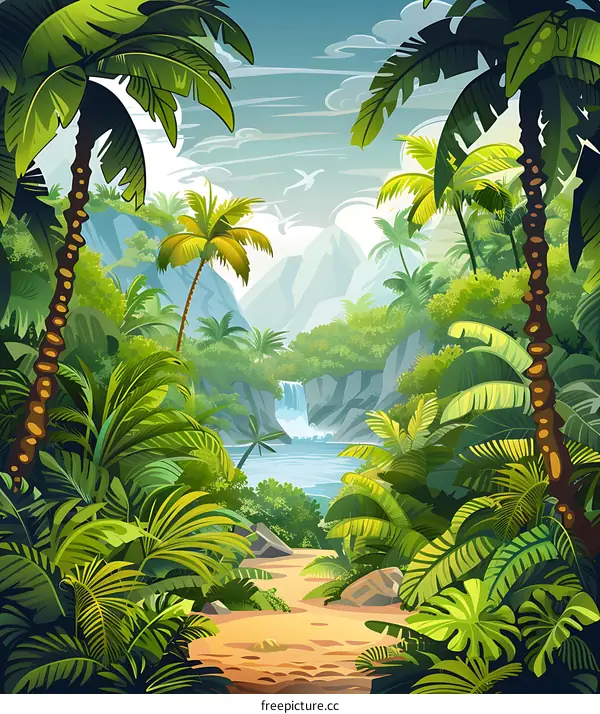 Tropical Rainforest Landscape with Waterfall and Palm Trees