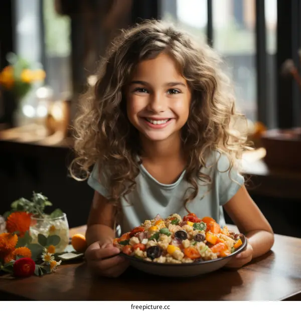Portrait of a happy little girl eating a healthy salad