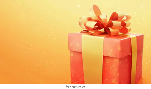 Gift Box with Golden Ribbon on Soft Orange Background