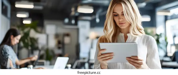 Young Blonde Woman Working on a Digital Tablet in a Modern Office