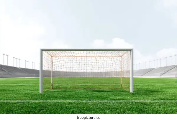 Empty Football Stadium with Green Grass and Goalpost