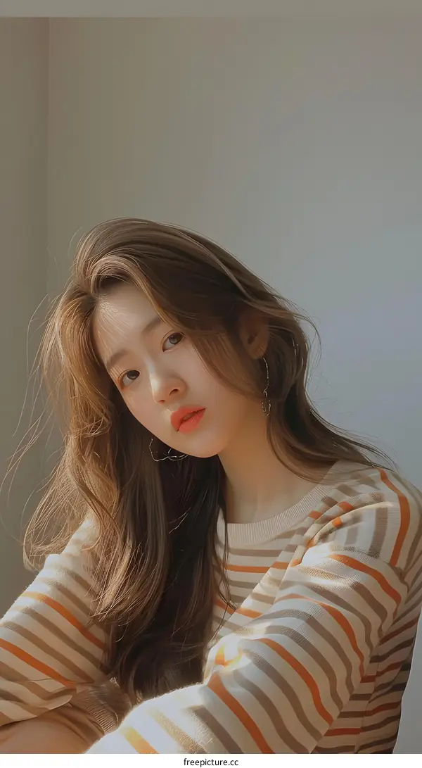 Beautiful Asian Woman With Long Brown Hair in Striped Sweater