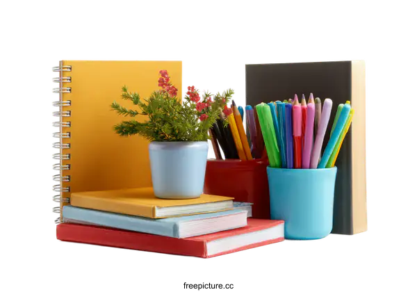 [Transparent Background PNG]Colorful Stationery and Books on White Background