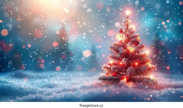 Christmas Tree Illuminated in Snowy Field