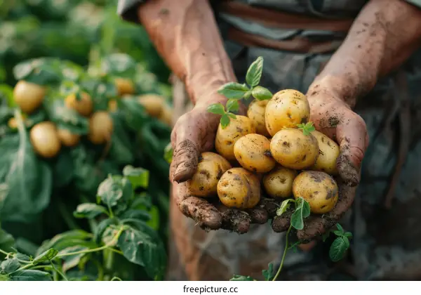 Freshly Harvested Potatoes Held by a Farmers Dirty Hands