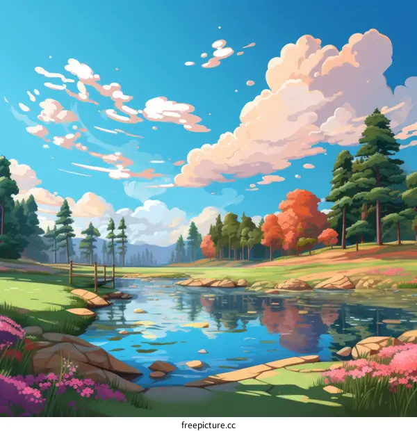 Tranquil River Landscape with Colorful Trees and Pink Flowers