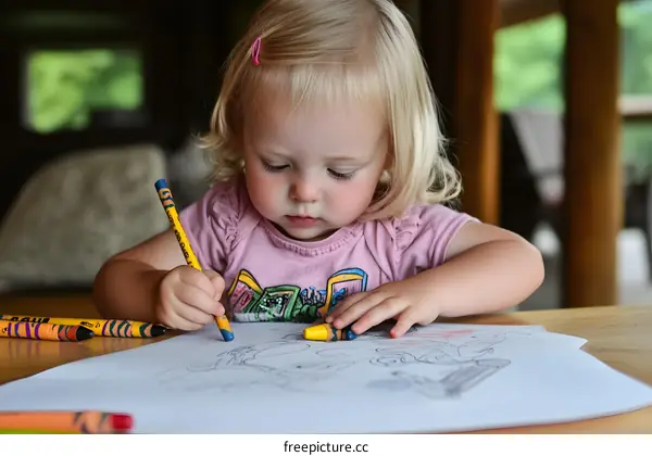 Little Girl Drawing with Crayons on White Paper