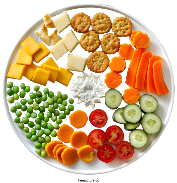 [Transparent Background PNG]Healthy Snack Plate with Cheese, Crackers, Carrots, Peas, Cucumber, and Tomatoes