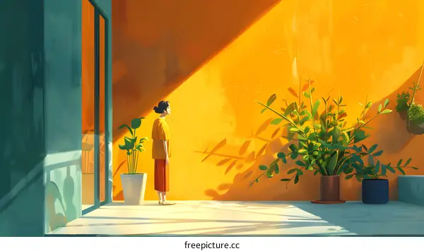 Woman Standing by a Yellow Wall with Plants