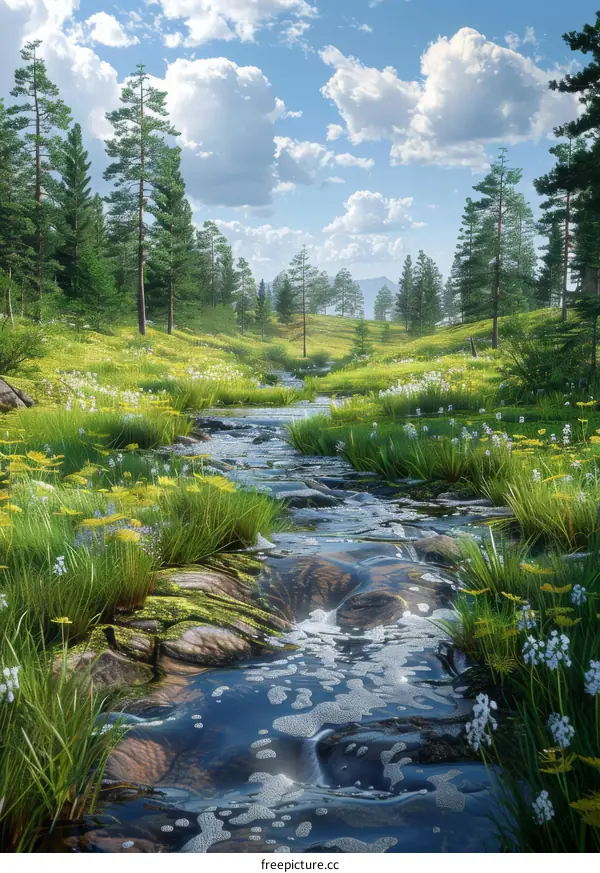 Small River Flowing Through Green Valley