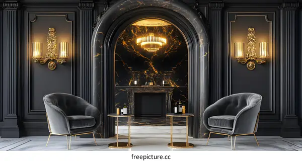 Black and Gold Interior Design With Arched Entryway