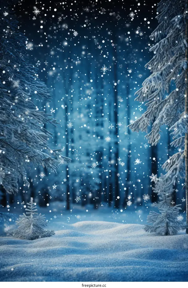 A winter wonderland of snow covered pine trees and twinkling snowflakes