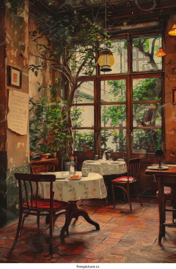 An illustration of an empty restaurant with a tree growing in the middle
