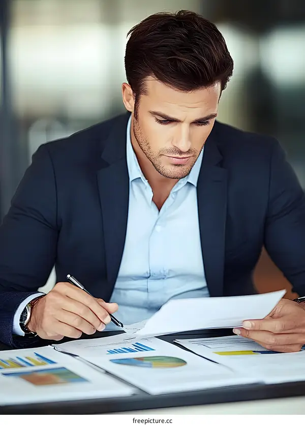 Businessman Reviewing Financial Documents In Office