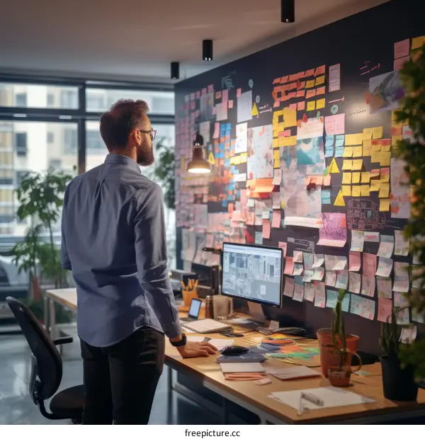 A man looking at a wall full of sticky notes.