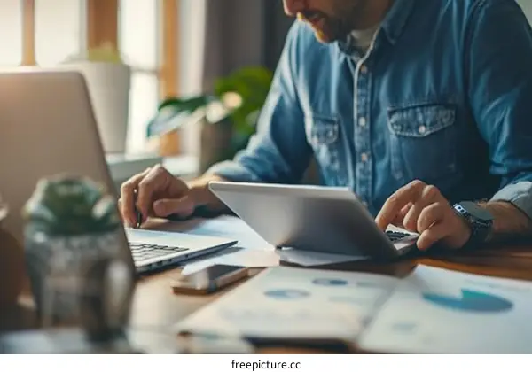 Businessman analyzing financial report using laptop and digital tablet