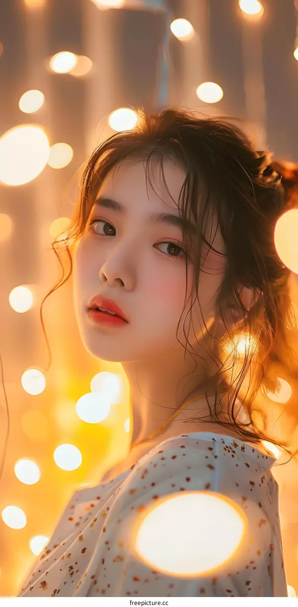 Close Up Portrait of Young Asian Woman with  Bokeh Lights