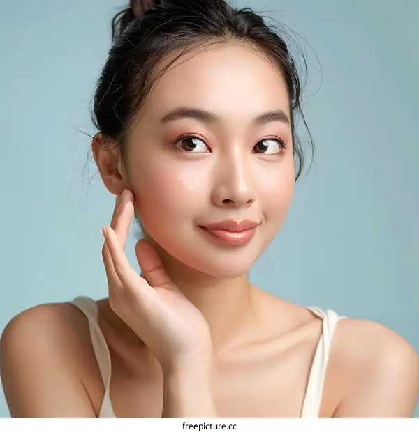 Smiling Asian Woman with Soft Skin Touching Her Face