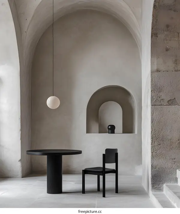 Minimalist Interior Design With Arched Walls And Black Furniture