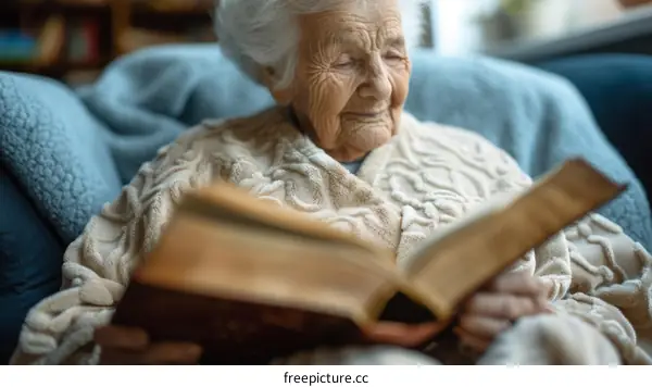 An elderly woman is reading a book