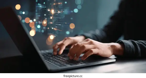 Person Typing on Laptop with Digital Overlay