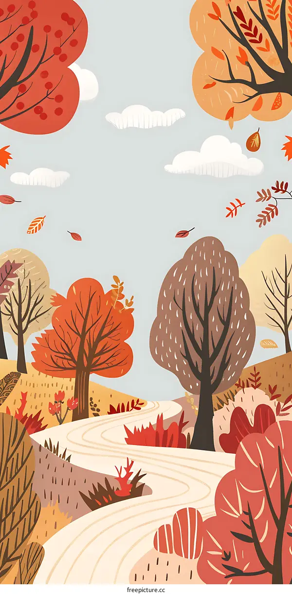 Autumn Forest Path Illustration with Winding Road and Colorful Trees