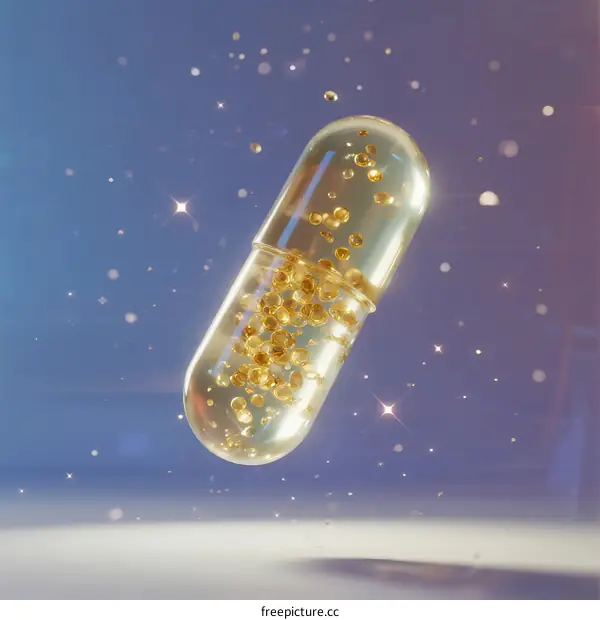 Transparent Medical Pill with Glittering Gold Particles Floating